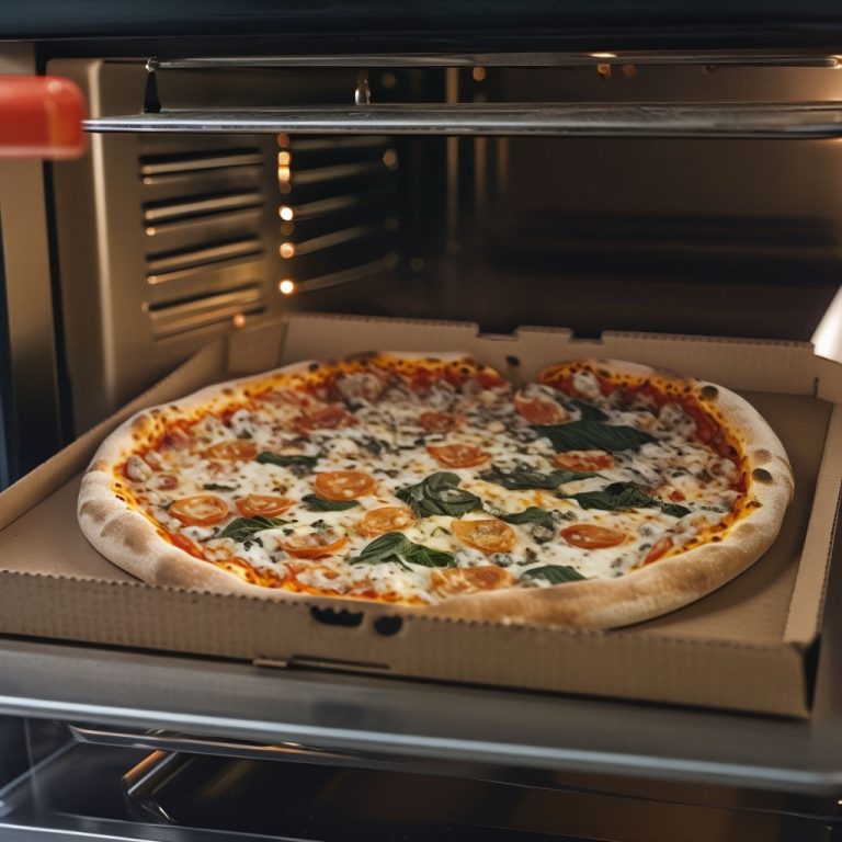 Pizza in cardboard coming out the oven