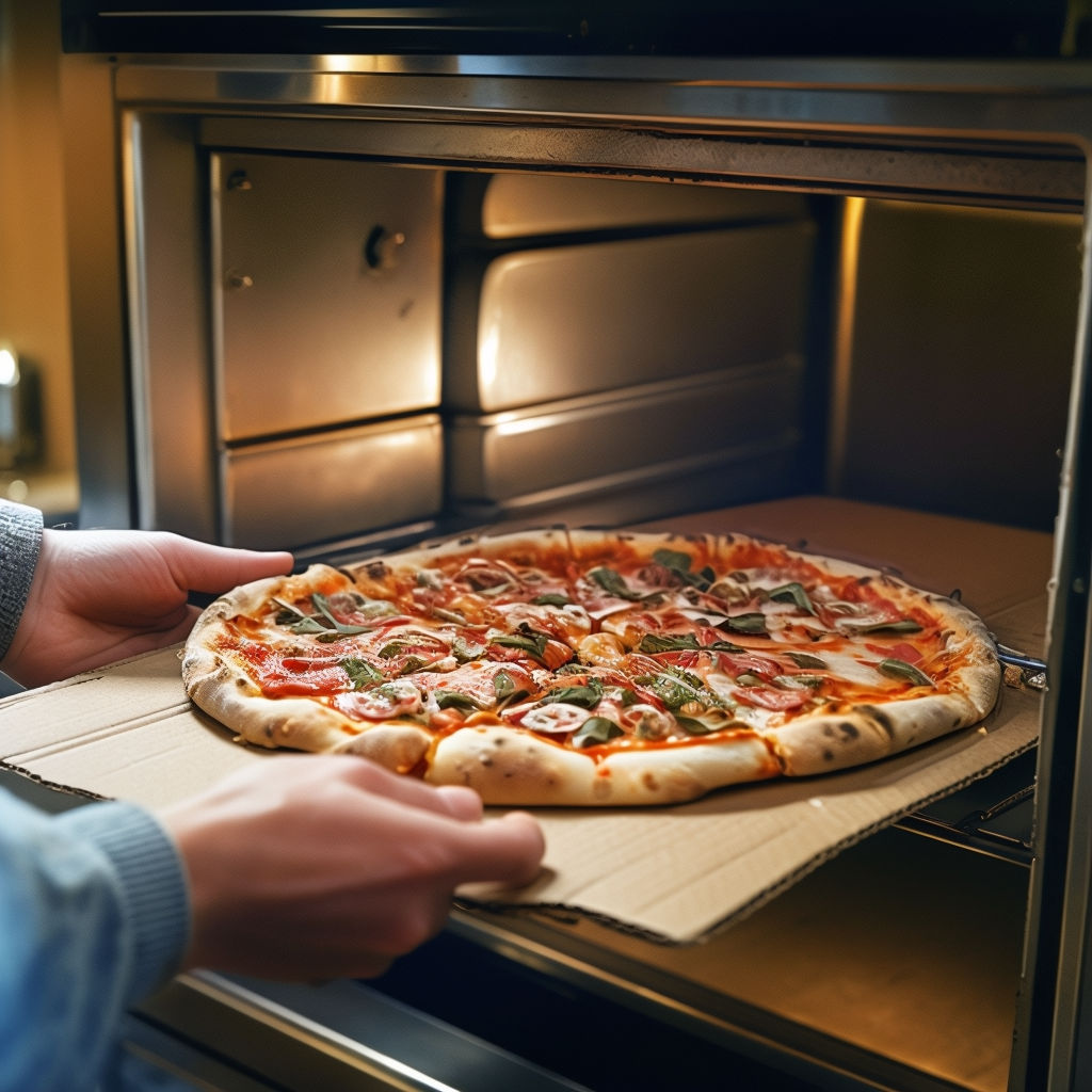 Pizza with cardboard going in the oven