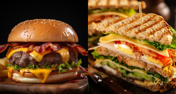 Burger vs Sandwich - Pictures of a burger and a sandwich side by side